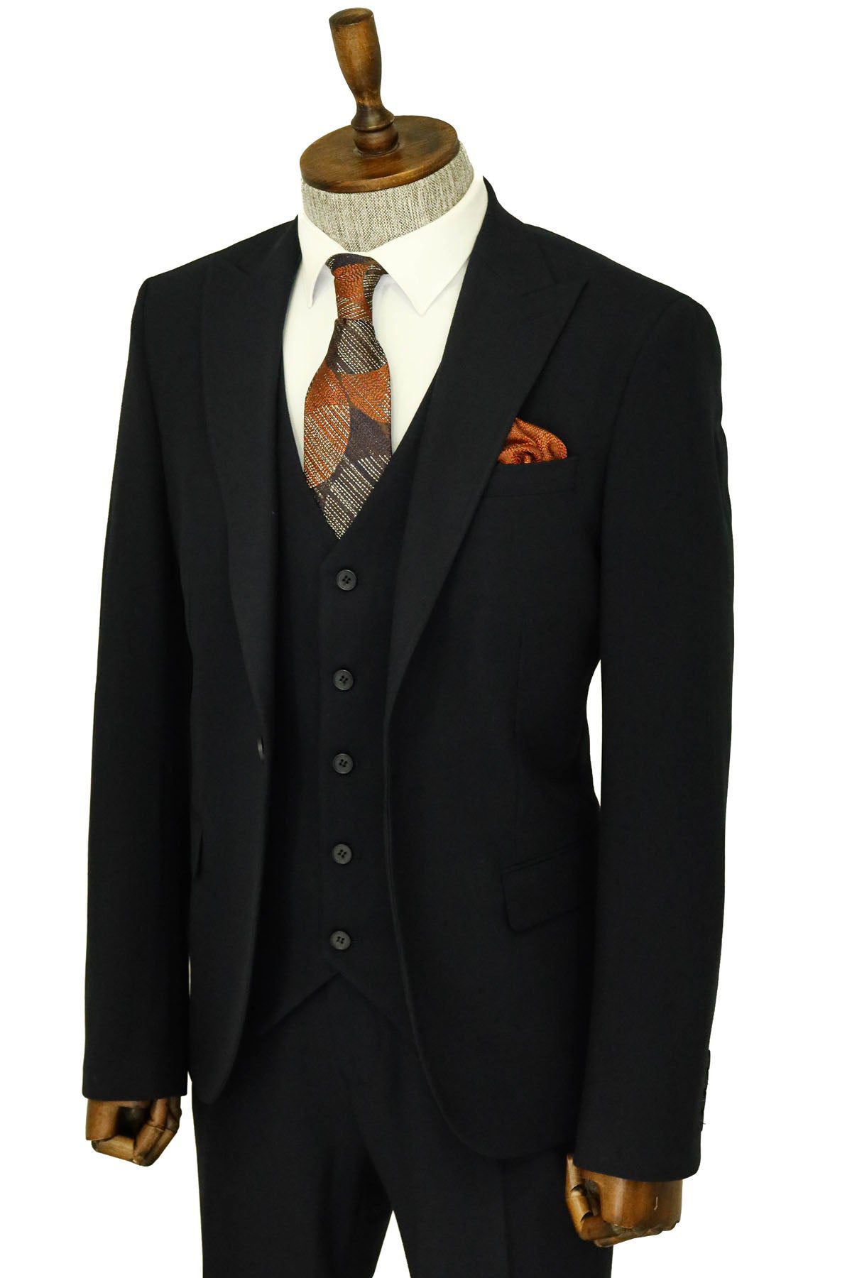 Classic Navy Blue Single Breasted Herringbone 3 Pieces Suits Slim Fit Men's Suit main image 0