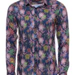Tiger And Leaf Patterned Long Sleeves Slim Fit Blue Men Shirt - Wessi