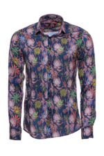 Tiger And Leaf Patterned Long Sleeves Slim Fit Blue Men Shirt