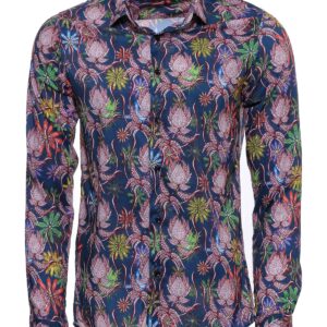 Tiger And Leaf Patterned Long Sleeves Slim Fit Blue Men Shirt - Wessi