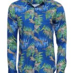 Tiger Patterned Slim Fit Long Sleeves Blue Men Shirt - Wessi