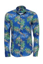Tiger Patterned Slim Fit Long Sleeves Blue Men Shirt