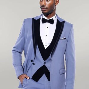 Velvet Collar Patterned Blue Tuxedo | Wessi