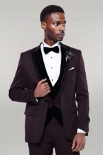 Velvet Collar Patterned Burgundy Tuxedo