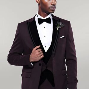 Velvet Collar Patterned Burgundy Tuxedo - Wessi