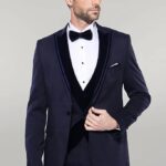 Velvet Collar Patterned Dark Blue Tuxedo - Wessi
