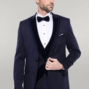 Velvet Collar Patterned Dark Blue Tuxedo - Wessi