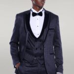 Velvet Lapel Patterned Navy Blue Tuxedo - Wessi