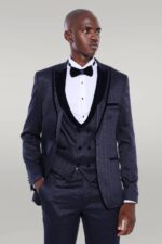 Velvet Lapel Patterned Navy Blue Tuxedo