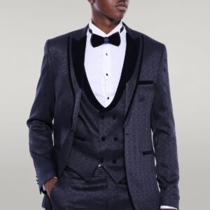 Velvet Lapel Patterned Navy Blue Tuxedo - Wessi