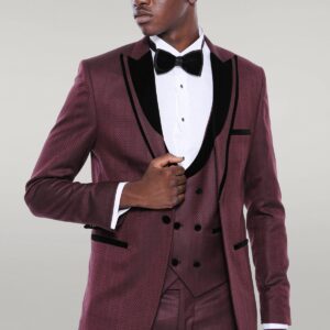 Velvet Lapel Patterned Vested Burgundy Men Tuxedo - Wessi