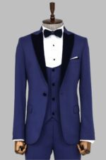Velvet Lapel Slim Fit Blue Men Suit