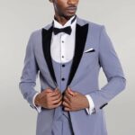 Velvet Lapel Slim Fit Light Blue Men Suit - Wessi