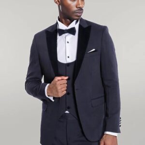 Velvet Lapel Slim Fit Navy Blue Men Tuxedo - Wessi