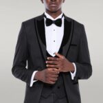 Velvet Lapel Striped Herringbone Black 3 Piece Tuxedo - Wessi