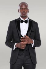 Velvet Lapel Striped Herringbone Black 3 Piece Tuxedo