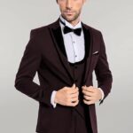 Velvet Lapel Vested Patterned Burgundy Men Tuxedo - Wessi