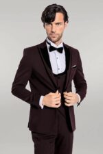 Velvet Lapel Vested Patterned Burgundy Men Tuxedo