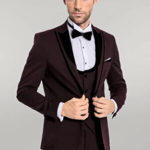 Velvet Lapel Vested Patterned Burgundy Men Tuxedo - Wessi