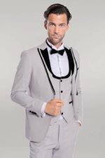 Velvet Lapel Vested Patterned Grey Men Tuxedo