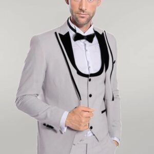 Velvet Lapel Vested Patterned Grey Men Tuxedo - Wessi