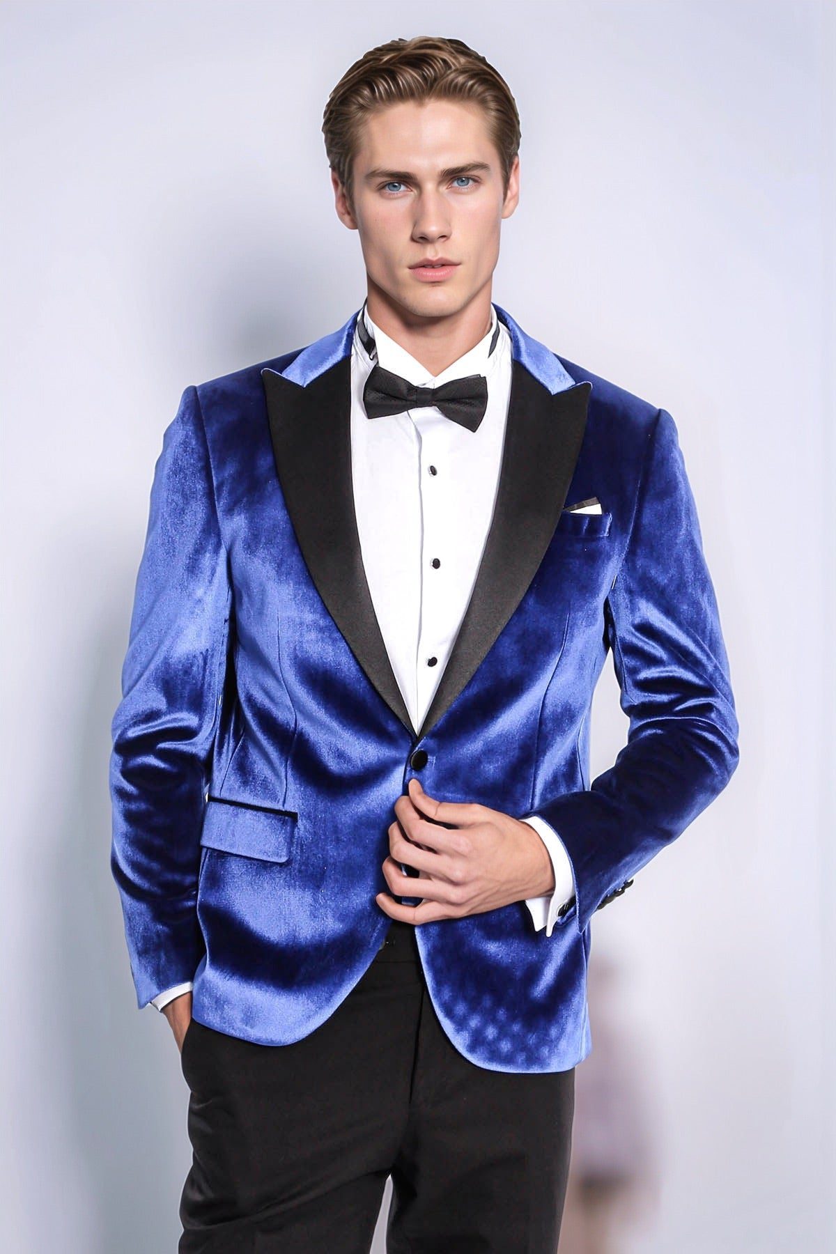 OMC Signature Men's Velvet Shawl Lapel Slim Fit Tuxedo Jacket (Blue)