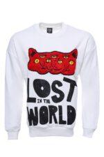 White Circle Neck Cat Printed Men's Sweatshirt