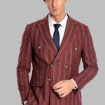 Wide Lapel Striped Double Breasted Burgundy Men Blazer - Wessi