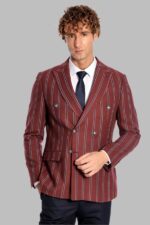 Wide Lapel Striped Double Breasted Burgundy Men Blazer