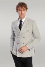 Wide Lapel Striped Double Breasted Grey Men Blazer