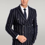 Wide Lapel Striped Double Breasted Navy Blue Men Blazer - Wessi