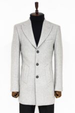 Wide Lapel Wool Grey Men Coat