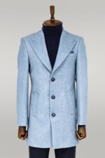 Wide Lapel Wool Light Blue Men Coat