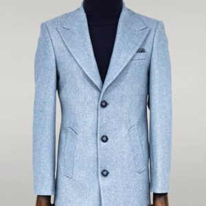Wide Lapel Wool Light Blue Men Coat - Wessi