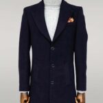 Wide Lapel Wool Navy Blue Men Coat - Wessi