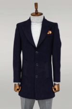 Wide Lapel Wool Navy Blue Men Coat