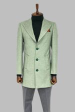 Wide Lapel Wool Oil Green Men Coat