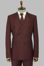 Wide Peak Collar Slim Fit Burgundy Men Double-Breasted Suit