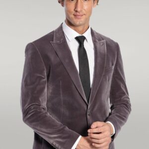 Wide Peak Lapel Single Button Velvet Grey Men Blazer - Wessi