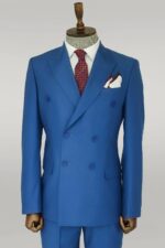 Wide Peak Lapel Striped Slim Fit Blue Men Double-Breasted Suit