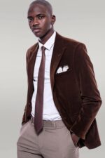 Wide Peak Lapel Velvet Brown Men Blazer