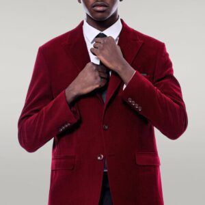 Wide Peak Lapel Velvet Burgundy Men Blazer - Wessi