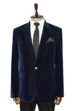 Wide Peak Lapel Velvet Navy Blue Blazer