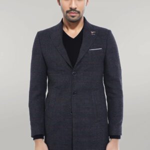 Wide Pointed Collar Anthracitic Plaid Coat - Wessi