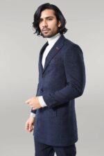 Wide Pointed Collar Blue Men Coat