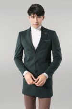 Wide Pointed Collar Green Men Coat