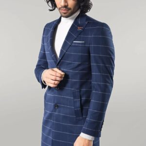 Wide Pointed Collar Indigo Men Coat - Wessi