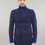 Wide Pointed Collar Navy Blue Plaid Coat - Wessi