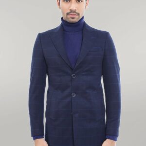 Wide Pointed Collar Navy Blue Plaid Coat - Wessi