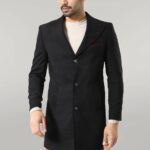 Wide Pointed Collar Over Knee Black Men Coat - Wessi